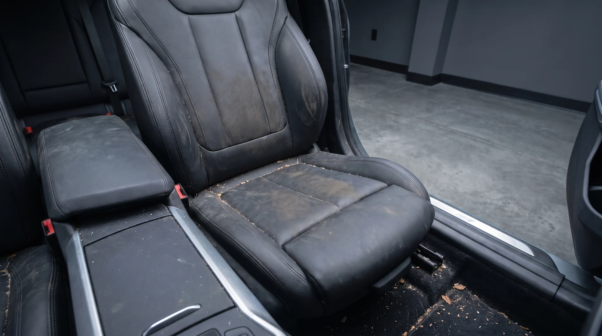 Tos pačios BMW sėdynės prieš valymą iliustracija