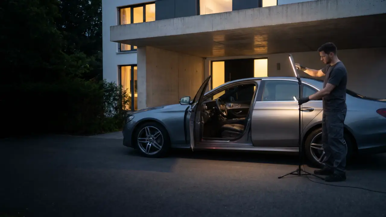 Mercedes prie namų vakare, ruošiama mobili salono valymo darbo vieta